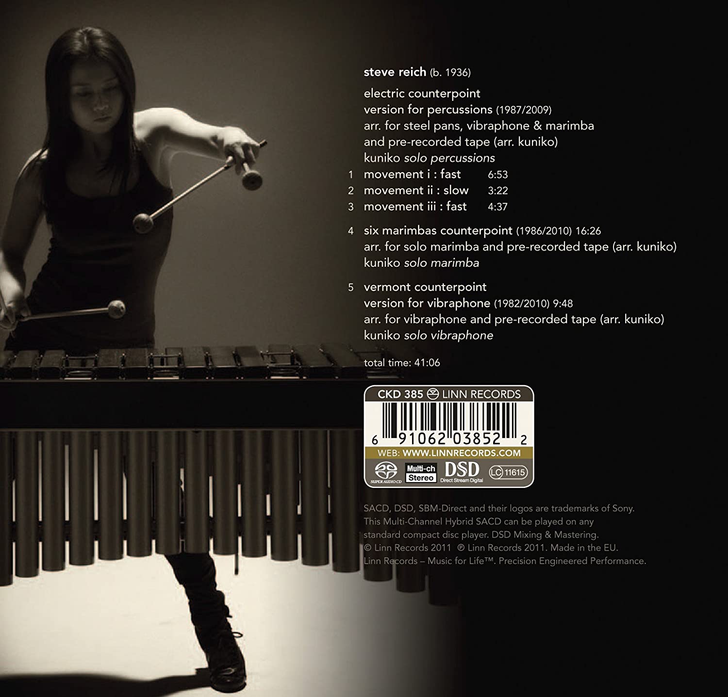 Kuniko plays Reich (Linn Records, 2011) 음반 자켓 뒤